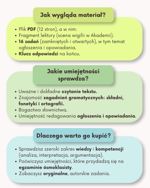 "Akademia Pana Kleksa" - próbny egzamin ósmoklasisty z ogłoszeniem i tematem opowiadania