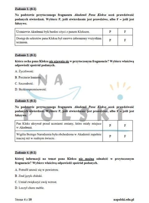 "Akademia Pana Kleksa" - próbny egzamin ósmoklasisty z ogłoszeniem i tematem opowiadania