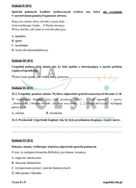 "Balladyna" - próbny egzamin ósmoklasisty