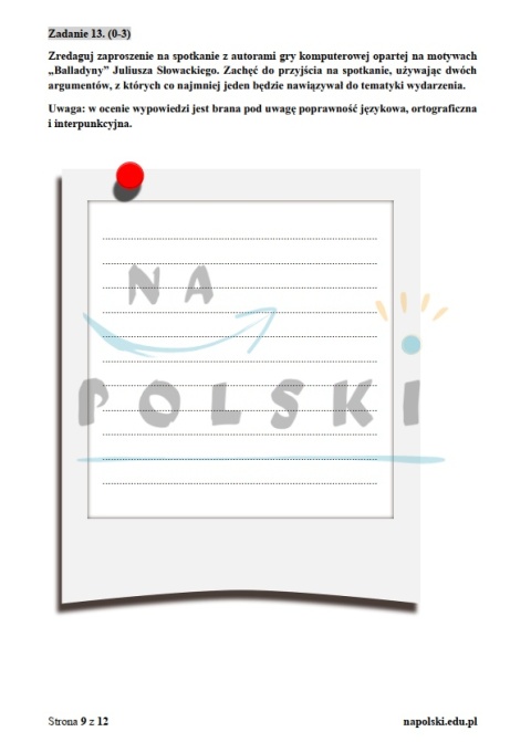 "Balladyna" - próbny egzamin ósmoklasisty z zaproszeniem i tematem przemówienia