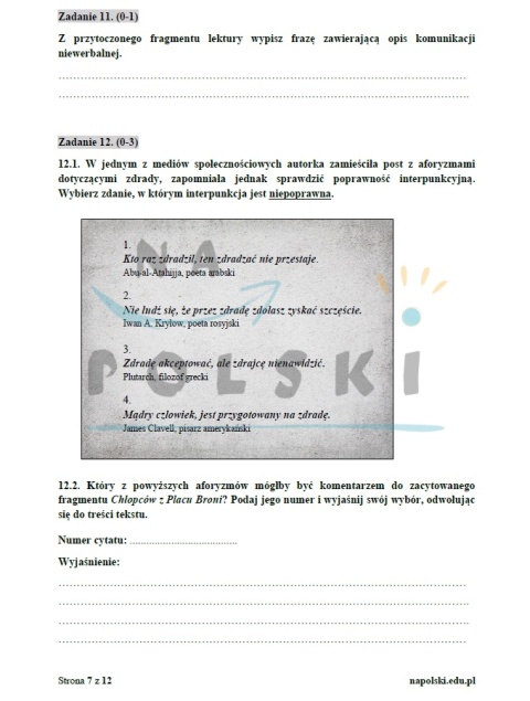 "Chłopcy z Placu Broni" - próbny egzamin ósmoklasisty z ogłoszeniem i tematem rozprawki