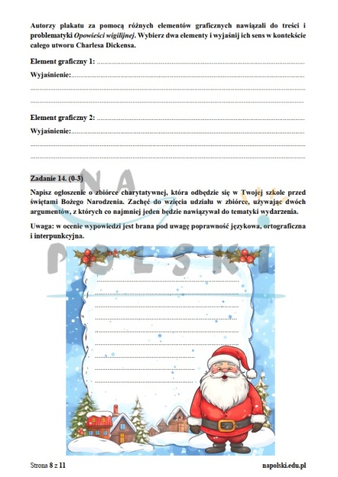 "Opowieść wigilijna" - próbny egzamin ósmoklasisty z ogłoszeniem i tematem rozprawki