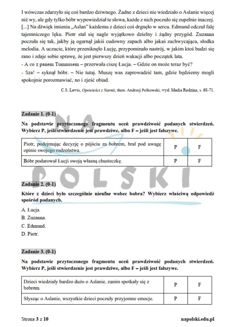 "Opowieści z Narnii" - próbny egzamin ósmoklasisty z ogłoszeniem i tematem rozprawki