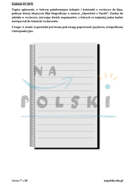 "Opowieści z Narnii" - próbny egzamin ósmoklasisty z ogłoszeniem i tematem rozprawki