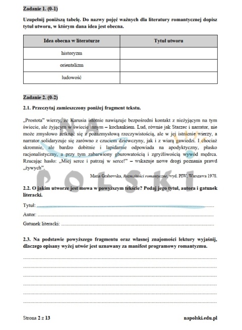 Romantyzm - test historycznoliteracki, wersja poszerzona