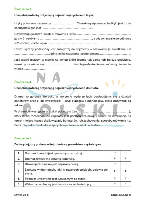 Sprawdzian z rodzajów i gatunków literackich Sprawdzian z rodzajów i gatunków literackich