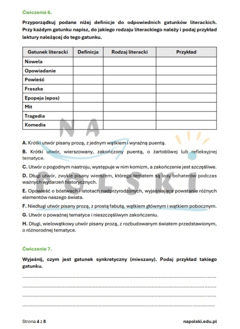 Sprawdzian z rodzajów i gatunków literackich Sprawdzian z rodzajów i gatunków literackich