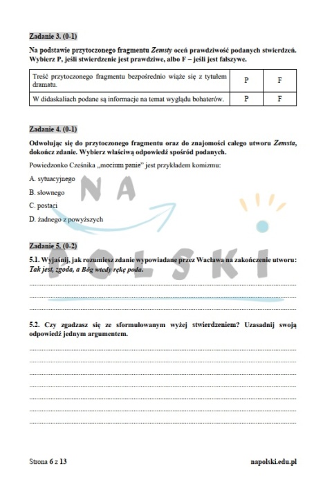 "Zemsta" - próbny egzamin ósmoklasisty z zaproszeniem i tematem opowiadania