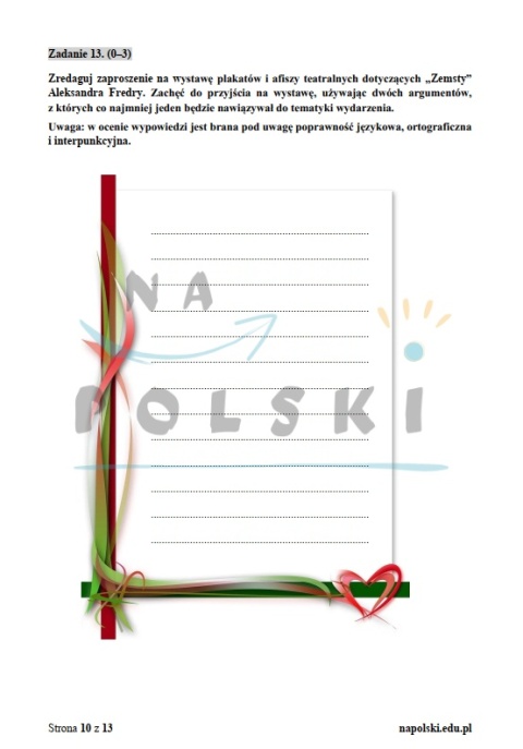 "Zemsta" - próbny egzamin ósmoklasisty z zaproszeniem i tematem opowiadania